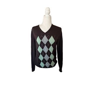 H&M 100% merino wool argyle print green brown sweater